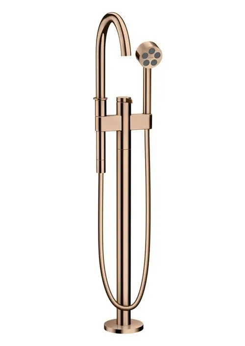 Bodenstehender Einhebel-Wannenmischer in poliertem Rotgold von AXOR, mit einem geschwungenen Auslauf und einer Handbrause in zeitgemäßem Design.